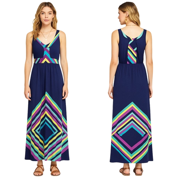 ONE WORLD Maxi Dress Womens Large Navy Geometric Sleeveless Boho Festival NEW - Picture 1 of 12